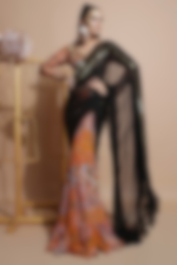 Mustard & Black Chiffon Printed Frill Wedding Saree Set by Pallavi Jaipur at Pernia's Pop Up Shop