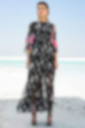 Black Palm Grove Printed Ruched Maxi Vacation Dress by Pallavi Jaipur at Pernia's Pop Up Shop