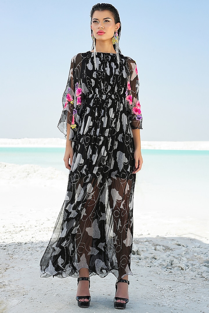Black Palm Grove Printed Ruched Maxi Dress by Pallavi Jaipur