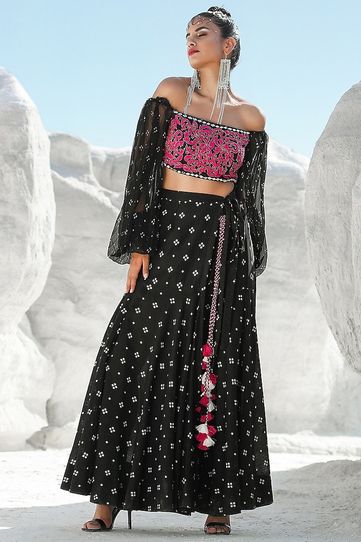 Black Diamond Printed Wrap Skirt Set by Pallavi Jaipur