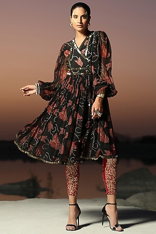 Black Palm Grove Printed Angrakha Kurta Set by Pallavi Jaipur