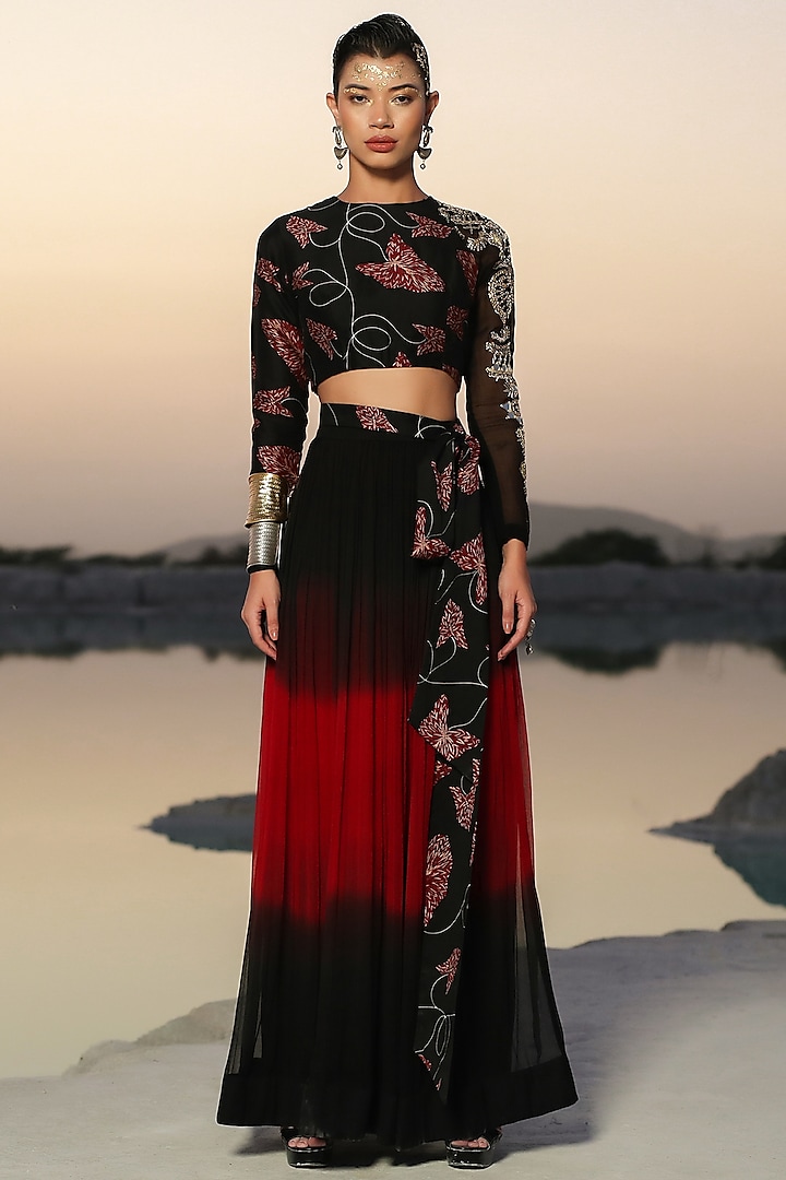 Black & Red Shaded Chiffon Skirt Set by Pallavi Jaipur