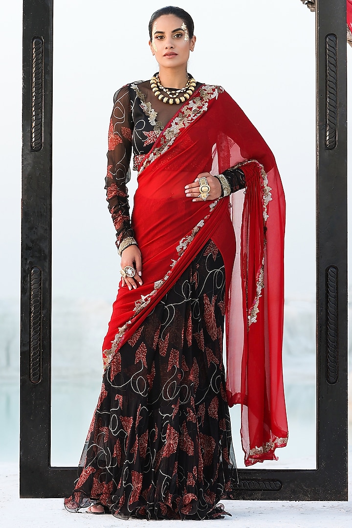 Black & Red Embroidered Pre-Pleated Saree Set by Pallavi Jaipur