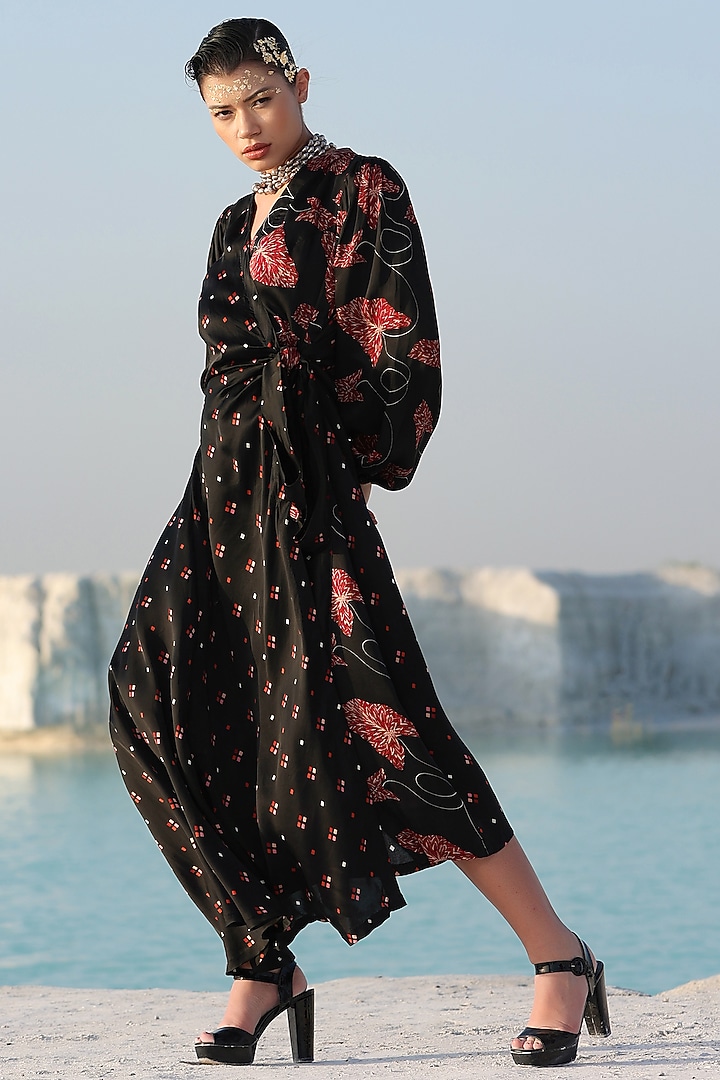 Black Printed Wrap Summer Dress by Pallavi Jaipur at Pernia's Pop Up Shop