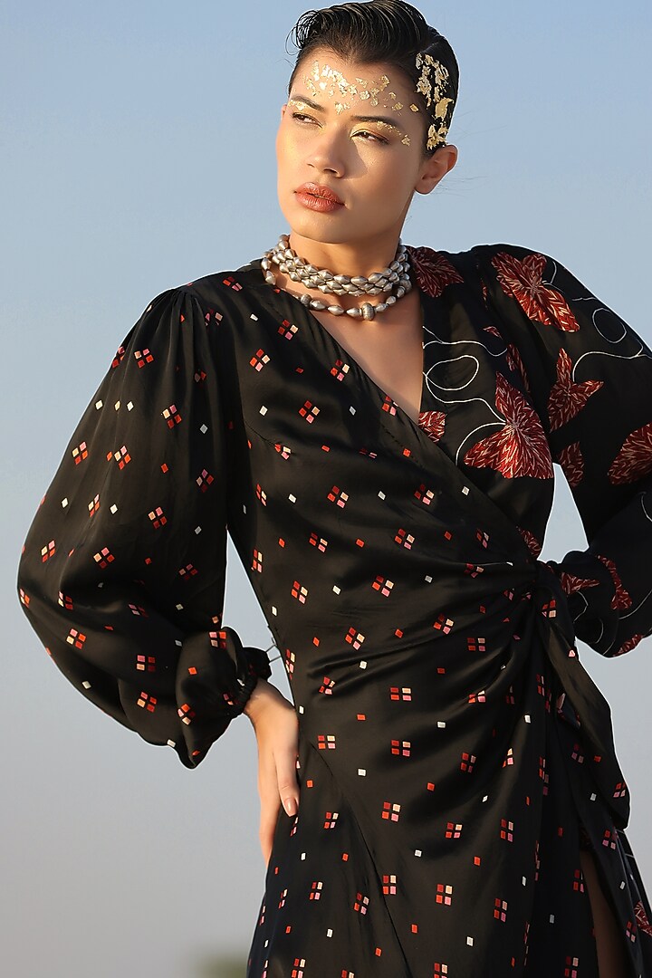 Black Printed Wrap Summer Dress by Pallavi Jaipur at Pernia's Pop Up Shop