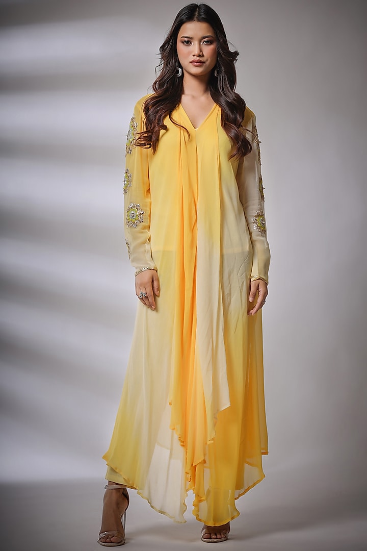 Yellow Embroidered Tunic Set by Pallavi Jaipur