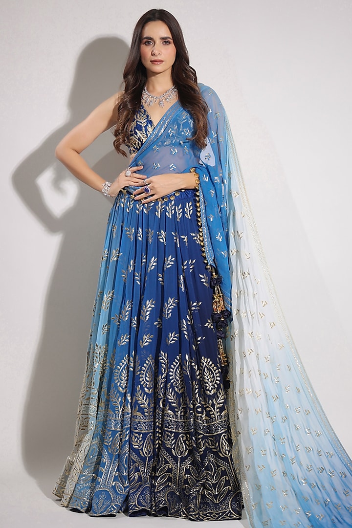 Blue Embroidered Ombre Wedding Lehenga Set by Pallavi Jaipur at Pernia's Pop Up Shop