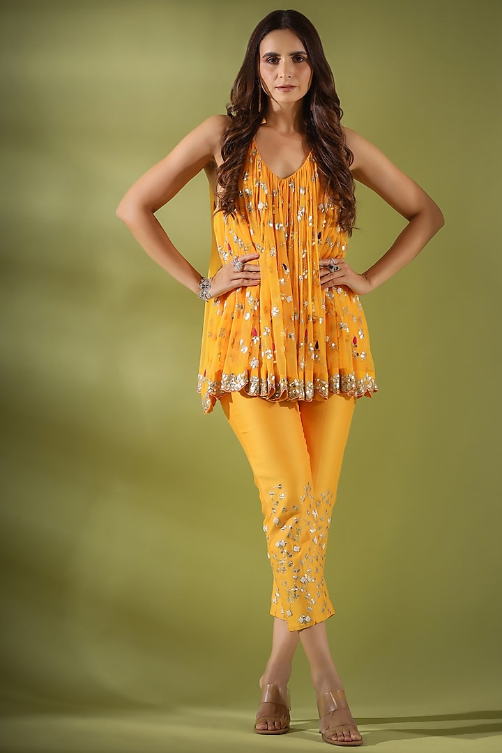 Mango Yellow Embroidered Tunic Set by Pallavi Jaipur