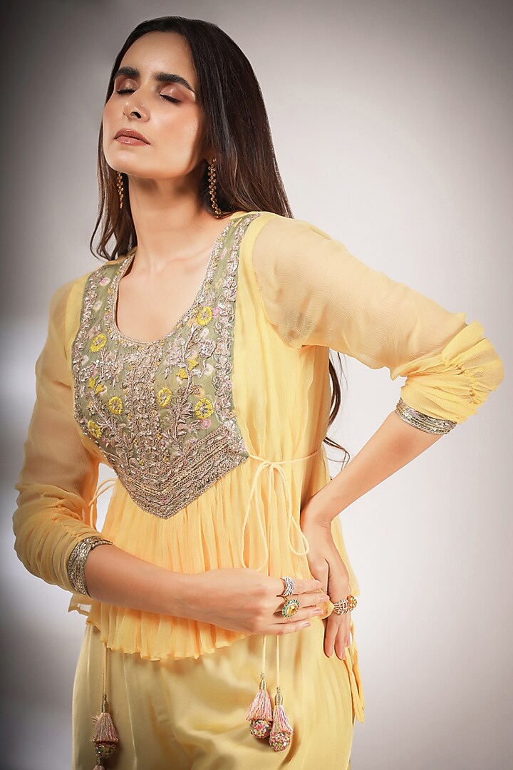 Butter Cream Chiffon Pant Set by Pallavi Jaipur at Pernia's Pop Up Shop
