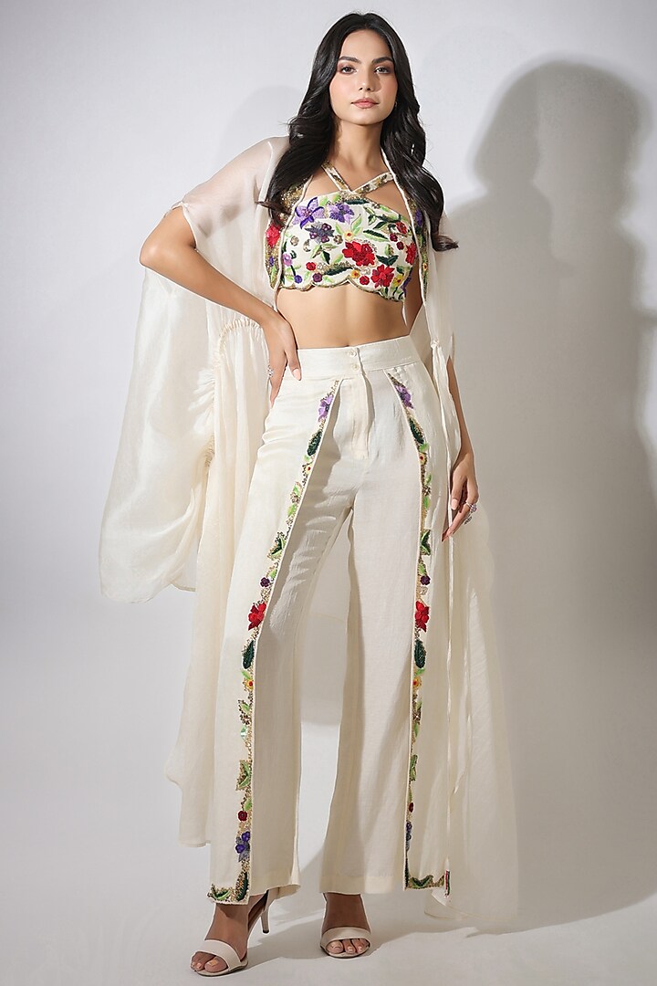 Ivory Lustre Organza Cape Set by Pallavi Jaipur