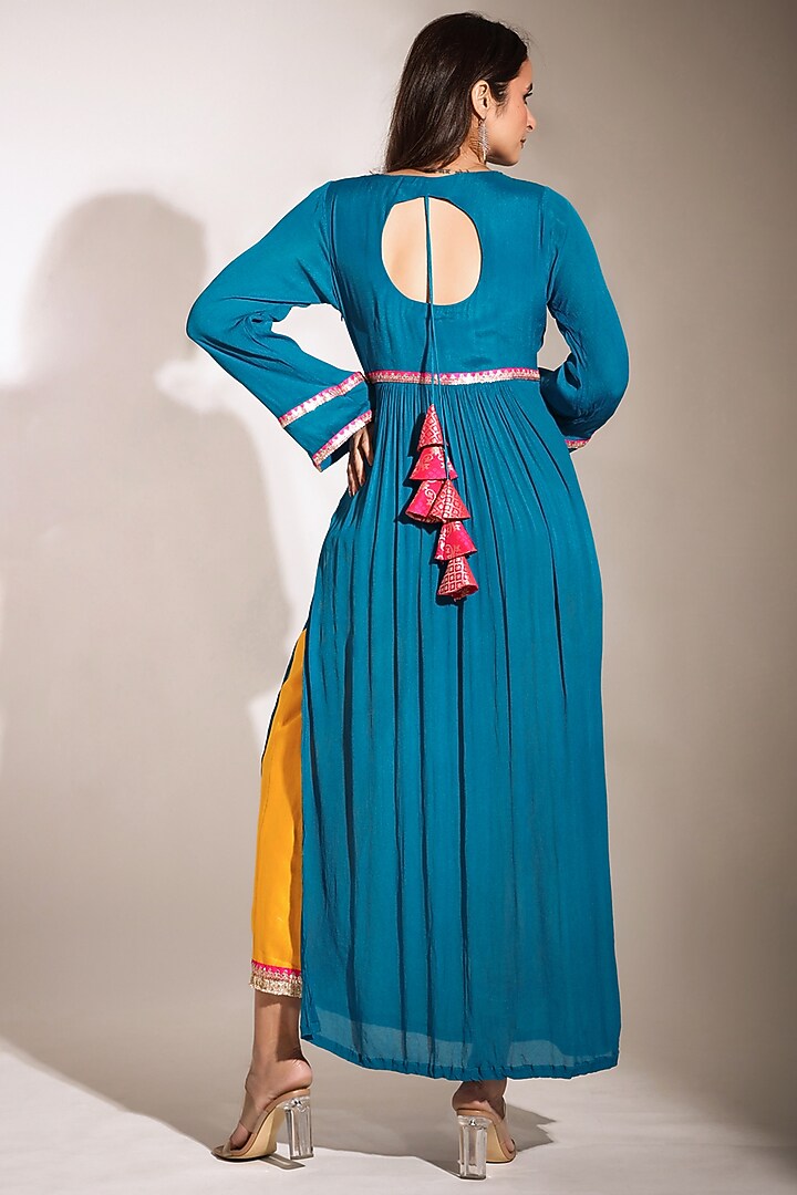 Teal Blue Hand Embroidered Kurta Set by Pallavi Jaipur at Pernia's Pop Up Shop