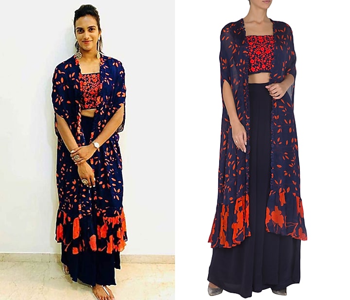 Navy Blue Embroidered Printed Crop Top With Cape & Pants by Suave by Neha & Shreya at Pernia's Pop Up Shop