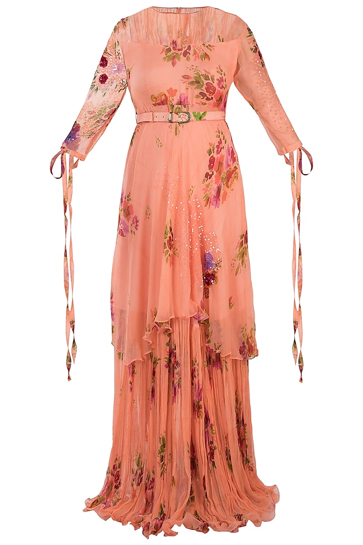 Peach Printed Layered Maxi Dress With Belt by Pallavi Jaipur at Pernia's Pop Up Shop