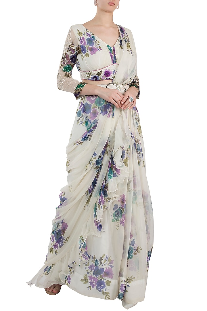 Ivory Printed Pre-Stitched Saree Set With Belt by Pallavi Jaipur at Pernia's Pop Up Shop