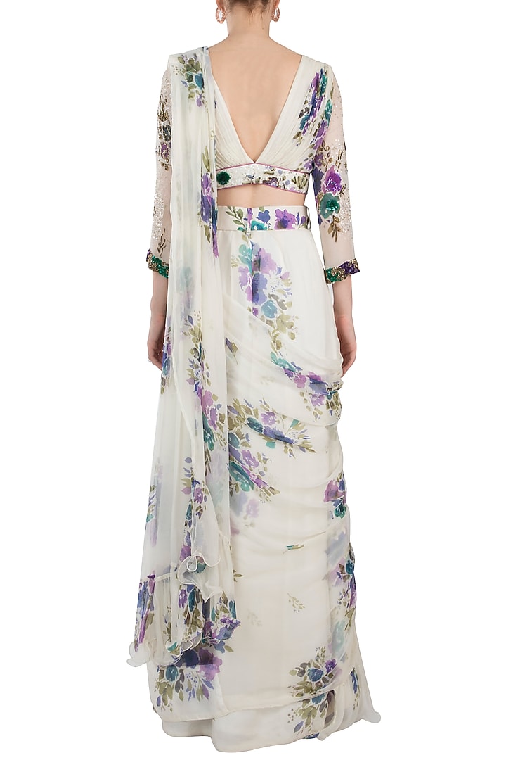 Ivory Printed Pre-Stitched Wedding Saree Set With Belt by Pallavi Jaipur at Pernia's Pop Up Shop