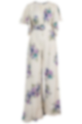 Ivory Printed Flared Jumpsuit With Belt by Pallavi Jaipur at Pernia's Pop Up Shop