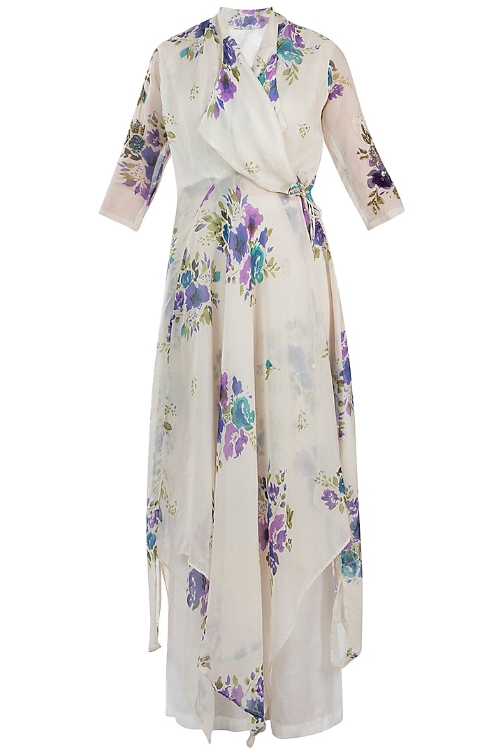 Ivory Printed Angrakha Wrap Kurta With Pants by Pallavi Jaipur