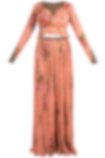 Peach Printed Peplum Top With Pants by Pallavi Jaipur at Pernia's Pop Up Shop