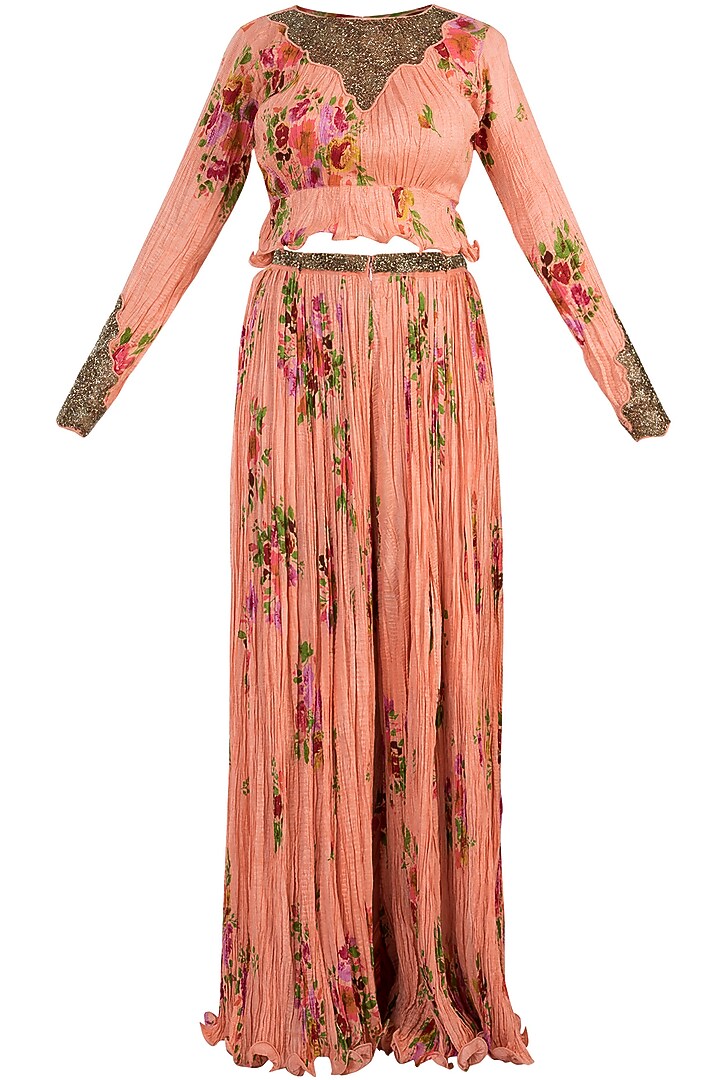 Peach Printed Peplum Top With Pants by Pallavi Jaipur at Pernia's Pop Up Shop