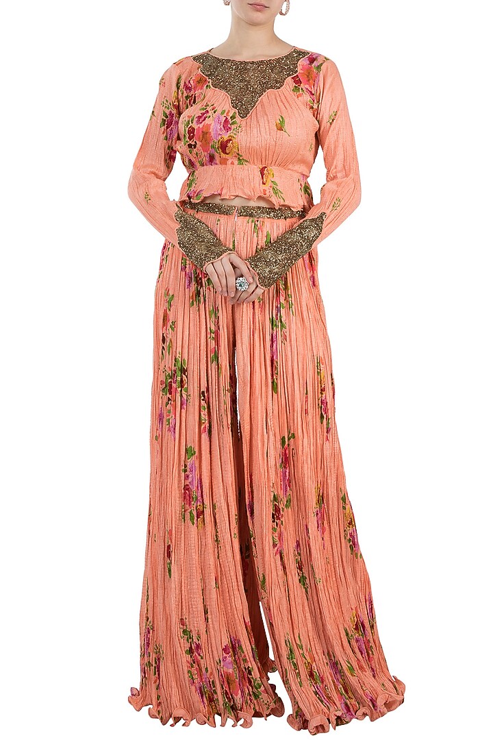 Peach Printed Peplum Top With Pants by Pallavi Jaipur at Pernia's Pop Up Shop