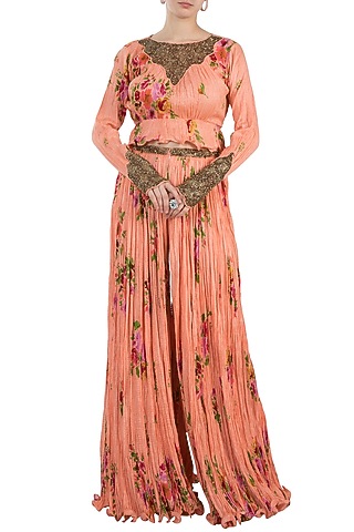 Peach Printed Peplum Top With Pants by Pallavi Jaipur