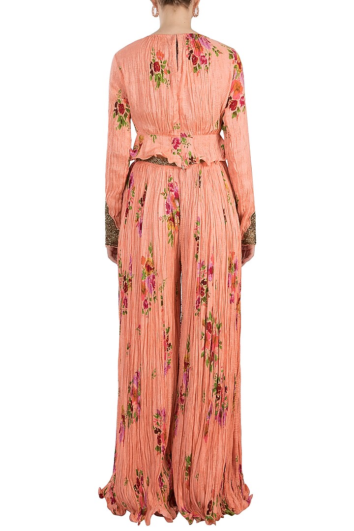Peach Printed Peplum Top With Pants by Pallavi Jaipur at Pernia's Pop Up Shop