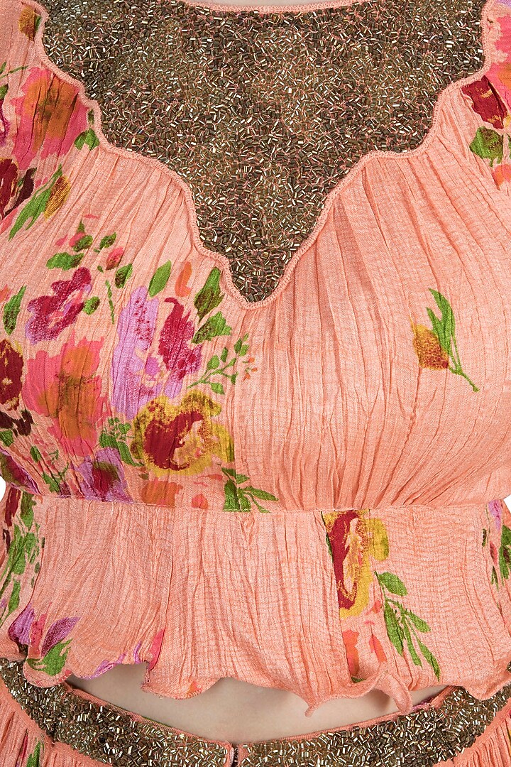 Peach Printed Peplum Top With Pants by Pallavi Jaipur at Pernia's Pop Up Shop
