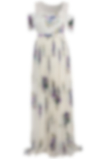 Ivory Printed Embroidered Maxi Dress With Belt by Pallavi Jaipur