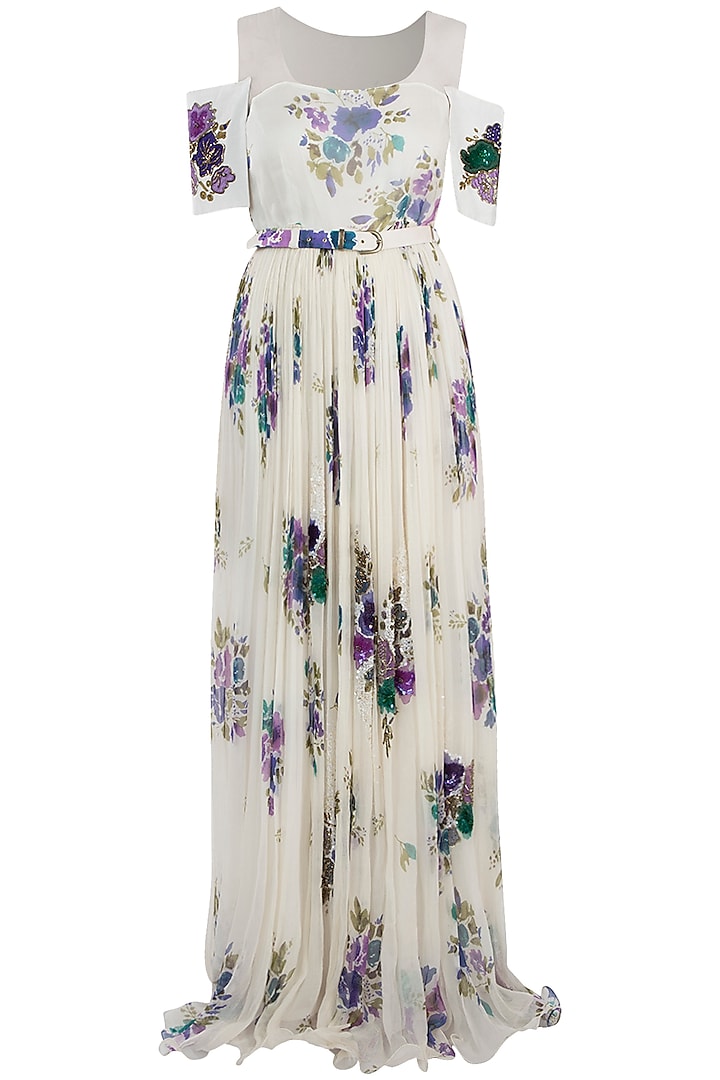 Ivory Printed Embroidered Maxi Dress With Belt by Pallavi Jaipur
