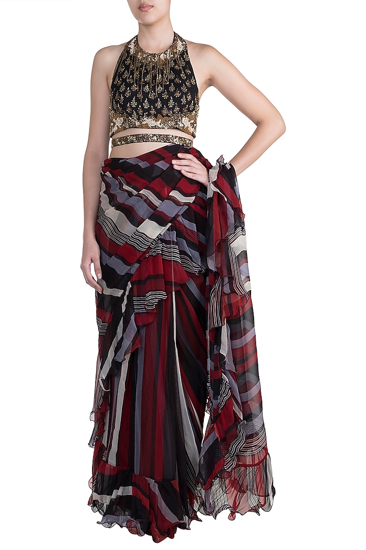 Multi-Colored Chiffon Printed Frilled Wedding Saree Set by Pallavi Jaipur at Pernia's Pop Up Shop