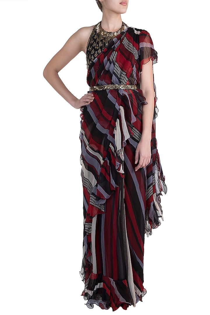 Multi-Colored Chiffon Printed Frilled Wedding Saree Set by Pallavi Jaipur at Pernia's Pop Up Shop