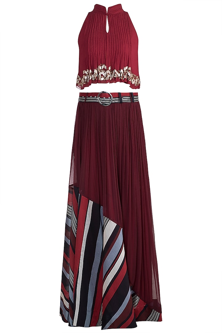 Deep Red Embroidered Boho Top With Printed Skirt by Pallavi Jaipur