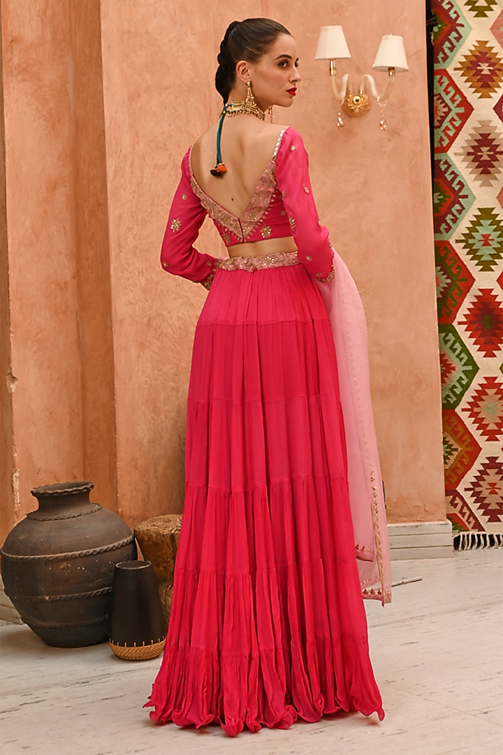 Hot Pink Wrinkle Crepe Marodi Sitara Embroidered Tiered Wedding Lehenga Set by Pallavi Jaipur at Pernia's Pop Up Shop