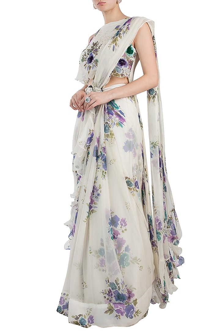 Ivory Printed Frill Pre-Stitched Saree Set With Belt by Pallavi Jaipur
