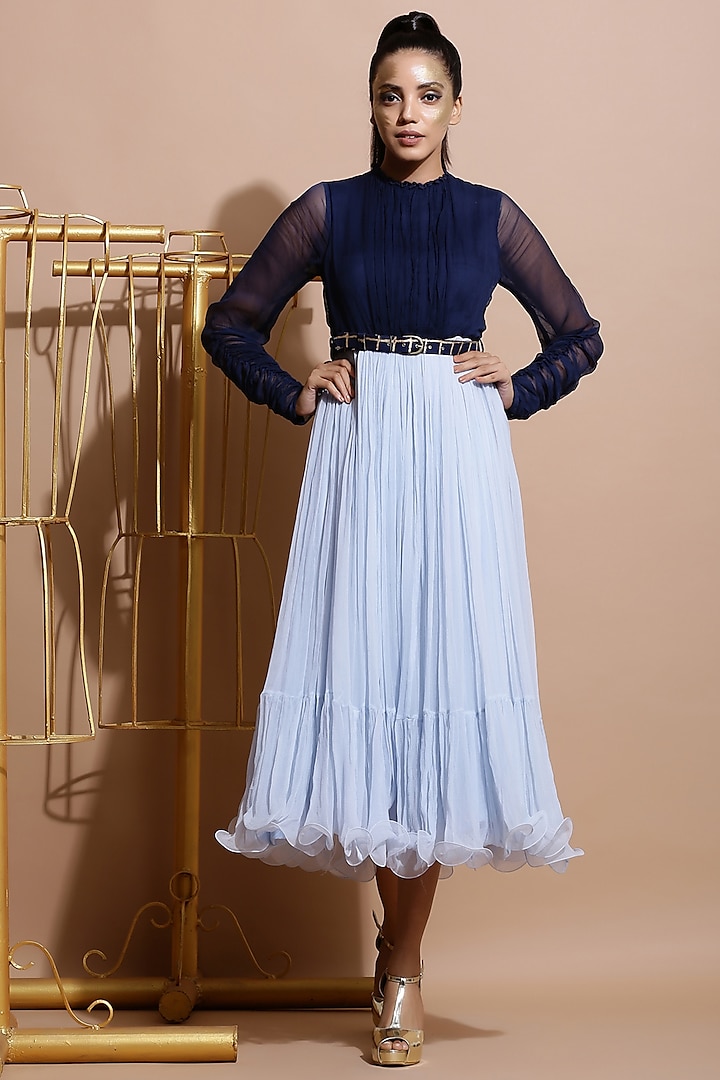 Navy Blue & Sky Blue Ruched Dress With Printed Belt by Pallavi Jaipur
