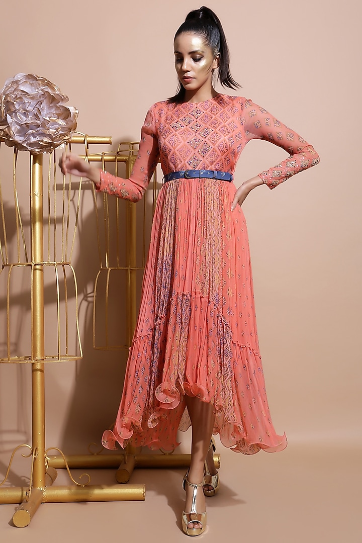 Salmon Pink Embroidered Dress With Blue Printed Belt by Pallavi Jaipur