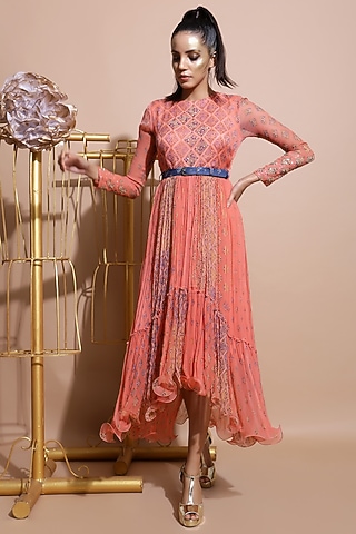 Salmon Pink Embroidered Dress With Blue Printed Belt by Pallavi Jaipur