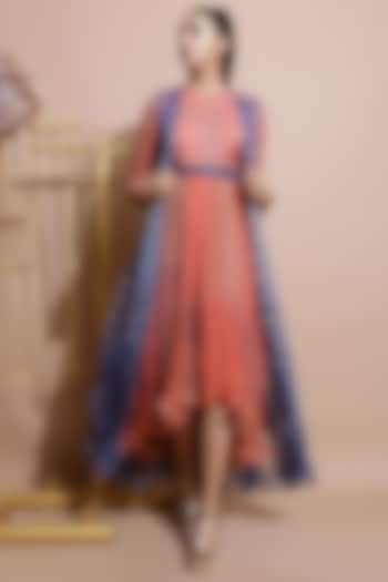 Salmon Pink Embroidered Dress With Blue Printed Cape & Belt by Pallavi Jaipur at Pernia's Pop Up Shop