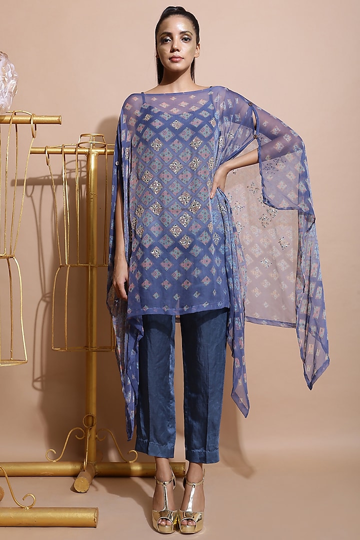 Indigo Blue Printed Cape With Pants & Inner by Pallavi Jaipur