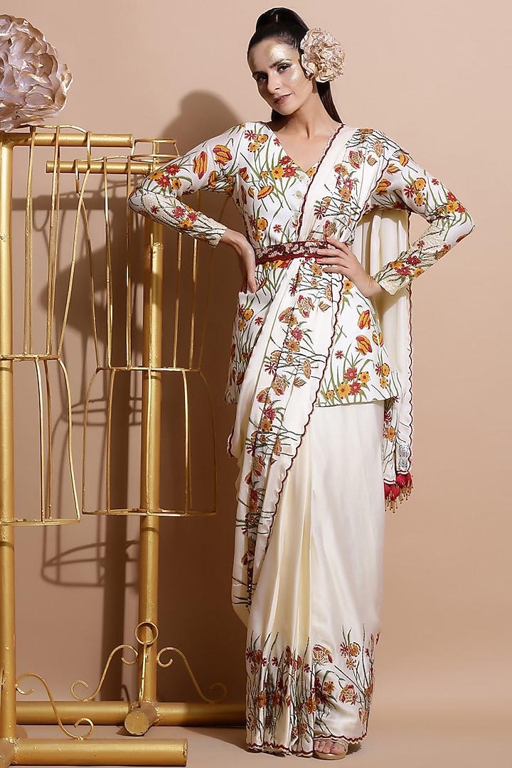 Cream Printed Saree With Coat & Embroidered Belt by Pallavi Jaipur