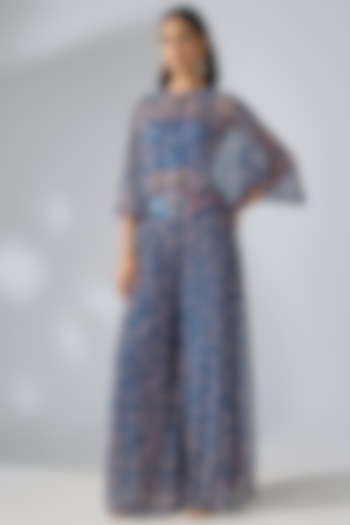 Prussian Blue Chiffon Printed & Embroidered Co-Ord Set by Pallavi Jaipur at Pernia's Pop Up Shop