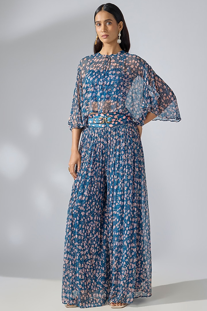 Prussian Blue Chiffon Printed & Embroidered Co-Ord Set by Pallavi Jaipur at Pernia's Pop Up Shop