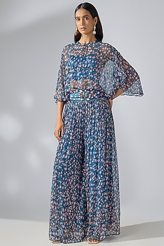 Prussian Blue Chiffon Printed & Embroidered Co-Ord Set by Pallavi Jaipur