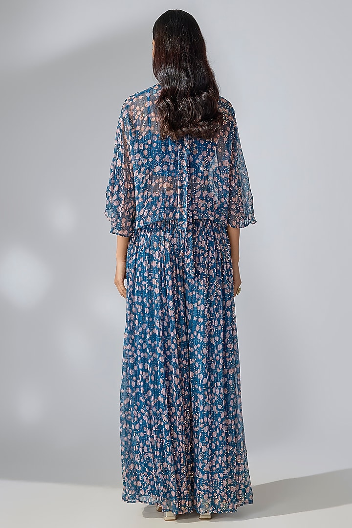 Prussian Blue Chiffon Printed & Embroidered Co-Ord Set by Pallavi Jaipur at Pernia's Pop Up Shop