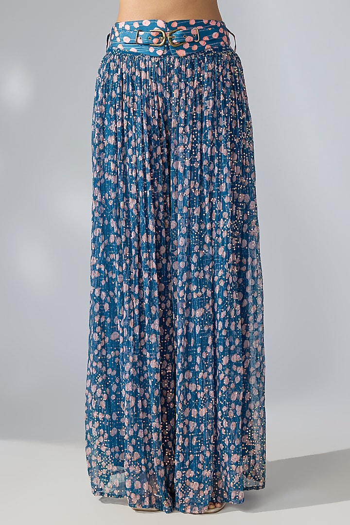 Prussian Blue Chiffon Printed & Embroidered Co-Ord Set by Pallavi Jaipur at Pernia's Pop Up Shop