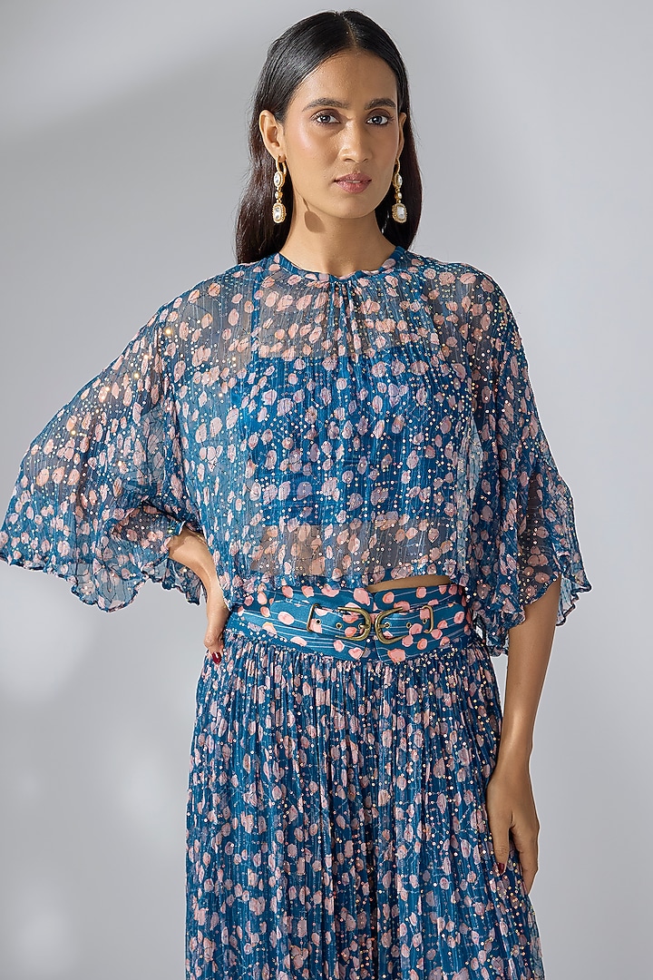 Prussian Blue Chiffon Printed & Embroidered Co-Ord Set by Pallavi Jaipur at Pernia's Pop Up Shop