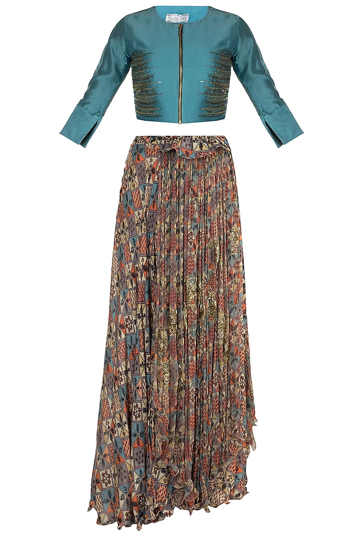 Teal Blue Top With Embellished Printed Skirt by Pallavi Jaipur