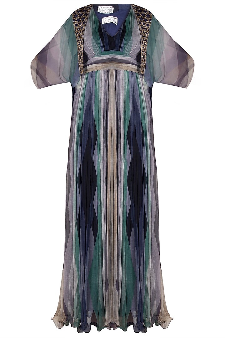 Navy Blue Embellished Printed Maxi Dress With Cropped Cape by Pallavi Jaipur