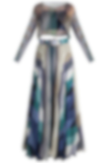 Navy Blue Embellished Printed Skirt With Top, Tube Inner & Belt by Pallavi Jaipur