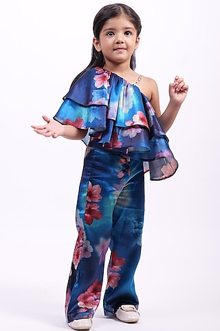 Cobalt Blue Silk Co-Ord Set For Girls by PiccoRicco